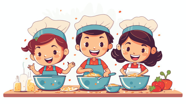 The kids are cooking in the kitchen. flat vector 
