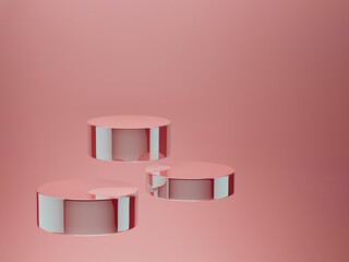 Set of three round pink polish glossy podiums for cosmetic products soar on pink background, mockup. Stage for presentation skin care products, gifts, goods, advertising, design, sale, showing.