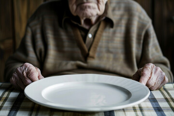 Old person in front of an empty plate , elders poverty and undernutrition concept image with a mature person with nutritional deficiencies - obrazy, fototapety, plakaty