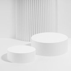 Abstract scene with two white round podiums with striped pillar as decoration, mockup on white background. Template for presentation cosmetic products, gifts, advertising, design in fashion style.
