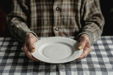 Old person in front of an empty plate , elders poverty and undernutrition concept image with a mature person with nutritional deficiencies - obrazy, fototapety, plakaty