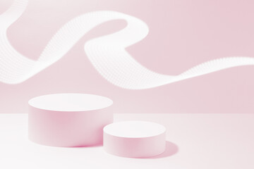 Set of two round pink pedestals for cosmetic products mockup, dotted neon glowing wave on pink background. Stage for presentation skin care products, gifts, goods, advertising in vapor wave style.