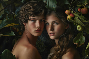 Portrait of a young couple of naked man and woman under apple tree like Adam and Eve in the Garden of Eden