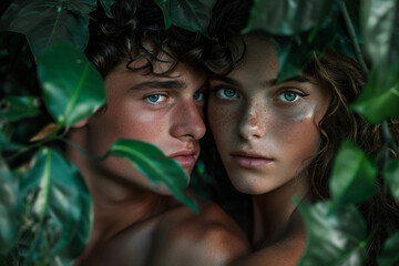 Portrait of a young couple of naked man and woman under apple tree like Adam and Eve in the Garden of Eden