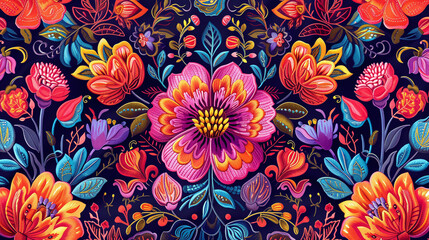 colorful floral pattern background made with embroidery in vibrant colors