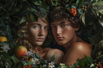 Naklejka premium Portrait of a young couple of naked man and woman under apple tree like Adam and Eve in the Garden of Eden