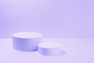 Abstract scene mockup in pink violet vr neon light - two round cylinder podiums. Template stage for presentation cosmetic products, goods, advertising, design, sale, display in vr futuristic style.