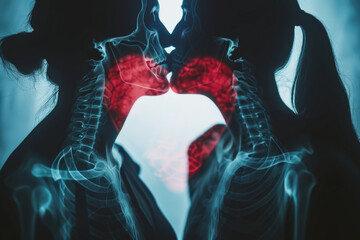 Love radiography concept image with a couple kissing in front of a red heart shape - Powered by Adobe
