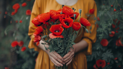 Beautiful woman hands holding a bouquet of red poppy flowers background as a symbol of both remembrance and hope for a peaceful future - obrazy, fototapety, plakaty