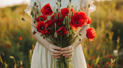 Beautiful woman hands holding a bouquet of red poppy flowers background as a symbol of both remembrance and hope for a peaceful future - obrazy, fototapety, plakaty