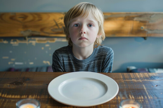 Young boy kid in front of an empty plate , starvation and undernutrition concept image for topic related to child nutritional deficiencies