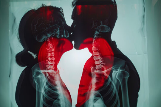 Love radiography concept image with a couple kissing in front of a red heart shape