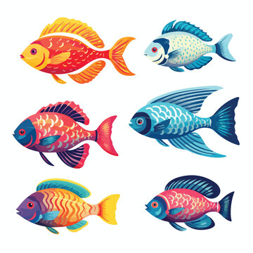 Colorful Exotic Fishes clipart isolated on white background