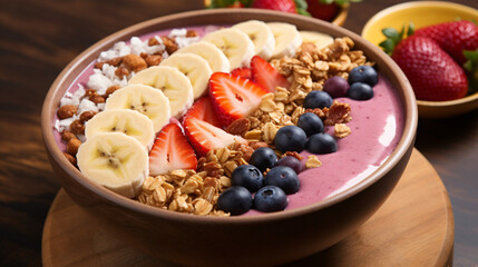 A refreshing fruit smoothie bowl topped with granola