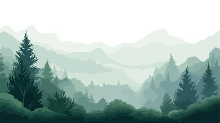 Trees in the fog. Deep forest haze. Hills covered