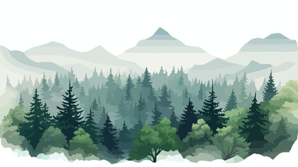 Trees in the fog. Deep forest haze. Hills covered - obrazy, fototapety, plakaty