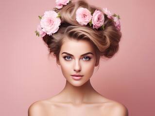 A woman adorned with flowers in her hair on a pink background