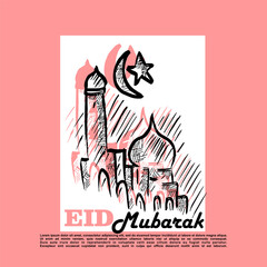 Happy Eid Mubarak, illustration of a mosque doodle vector