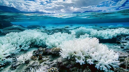 Stark white bleached coral reef beneath calm waters, a visual indicator of the impact of rising sea temperatures.