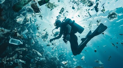 Naklejka na ściany i meble A diver explores the depths of the ocean, surrounded by an overwhelming amount of plastic waste, a somber reminder of human impact.