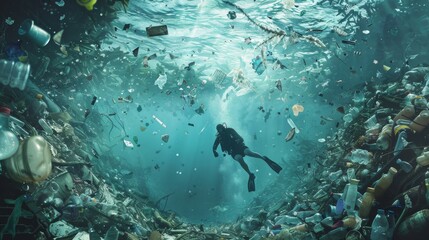 The image captures a diver submerged in murky waters, surrounded by an unsettling array of discarded trash, showcasing the grave pollution problem. - obrazy, fototapety, plakaty