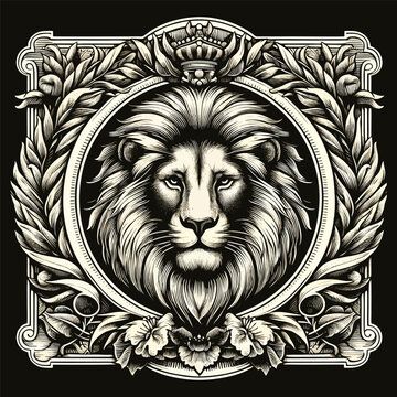 lion with old engraving vector style, lion retro vintage illustration