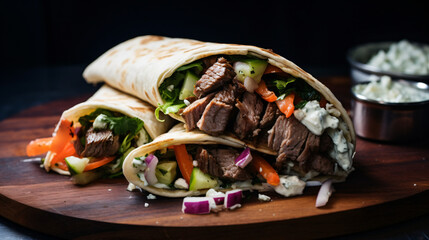 A refreshing Greek gyro wrap filled with grilled lamb