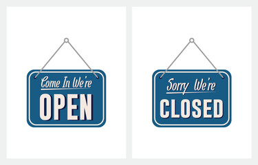 A business sign that says 'Come in we're open and close' vintage icon vector