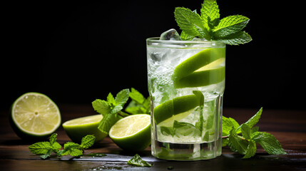 A refreshing mojito with mint leaves and lime wedges.