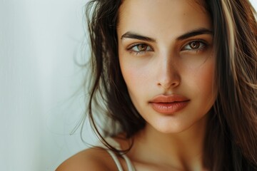 Fototapeta premium Portrait of a smiling brunette woman with natural makeup and a captivating gaze in a close-up studio shot