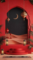 Islamic 3D podium platform on red background for islamic festival, Eid Mubarak, Ramadan Kareem