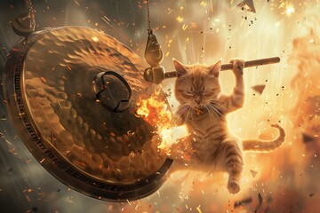 cat smashing a gong with enormous mace