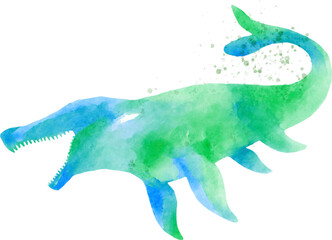 Fototapeta premium Mosasaurus dinosaur silhouette watercolor cartoon character