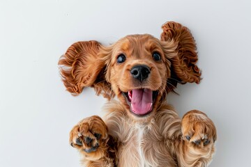 Cocker spaniel puppy is lying down and holding its paws up to the camera with its tongue hanging out of its mouth, isolated on white background