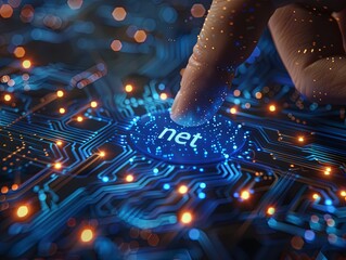 Finger about to press on a blue button with text "Net", surrounded by glowing lines and circuit patterns that resemble computer circuits or data streams, abstract representation of technology