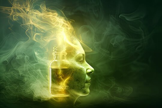 ampoule of youngness elixir isolated on magic background, shape of old person turning young