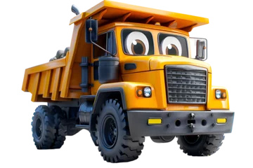 Foto op Plexiglas A 3D animated cartoon render of an orange dump truck with a smiling face. © Render John