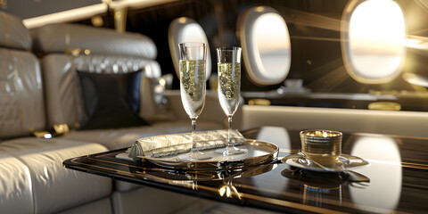Interior view of a super luxury private jet with wine glasses, Exclusive Jet Interior: Opulent Design with Wine Glass Detail