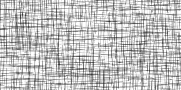 Grey crosshatch seamless pattern on white paper bg. Shadowing texture with abstract random lines imitating fabric surface of canvas or rough linen material. Vector illustration