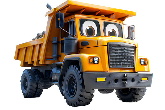A 3D animated cartoon render of an orange dump truck with a smiling face.
