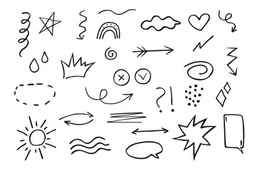 Doodle elements. Sketch underline, accent, arrow shape set, highlight, speech bubble, underline.