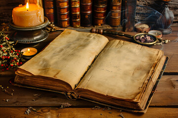 Antique Magic Book. Witchcraft background. Candle and alchemy ingredients around