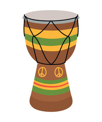Fototapeta na wymiar Tomtom drum made of brown wood with a peace sign. Djembe drum African musical instrument. Isolated on a white background. Vector illustration. National instrument of Jamaica, reggae music.