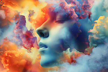 Colorful Mind series. Arrangement of human head and fractal colors on the subject of mind, dreams, thinking, consciousness and imagination - obrazy, fototapety, plakaty