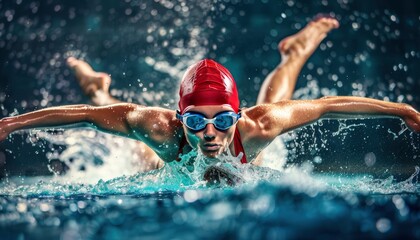 Professional Swimming Athlete in action front angle view, aerobic swimmer, wearing a red head covering and swimming goggles, healthy sport.