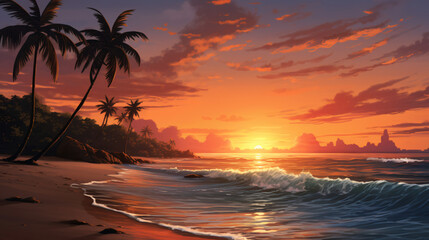 Fototapeta na wymiar A serene beach at sunset with palm trees and gentle