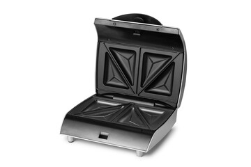 The grey sandwich maker is turned on and ready to work on white background.