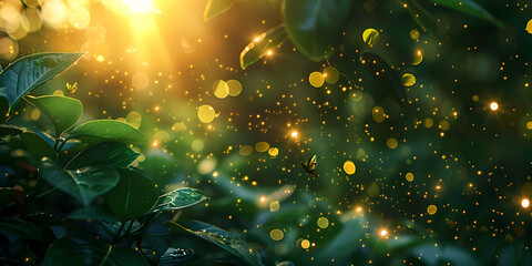 Enchanted forest landscape with glittering leaves magic firefly, Whimsical Forest Scene: Shimmering Leaves and Fairy Lights - obrazy, fototapety, plakaty