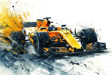 Poster Yellow watercolor painting of sport car racing in formula 1 competition © Ema