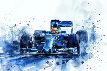 Foto op Canvas Blue watercolor painting of sport car racing in formula 1 competition © Ema